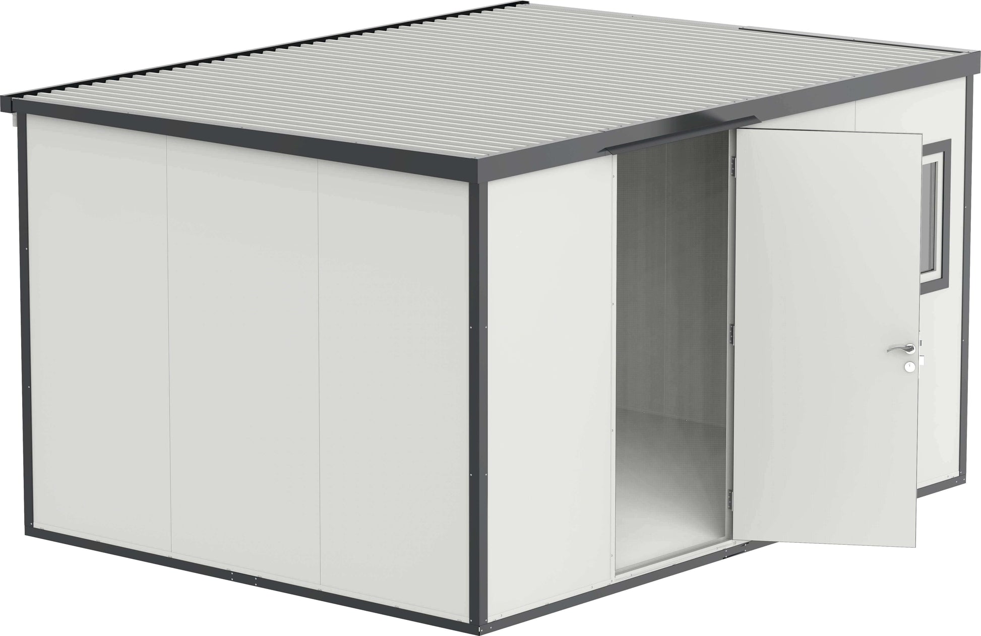 Duramax 13x10 Flat Roof Insulated Building with open door for versatile outdoor storage and workspace.