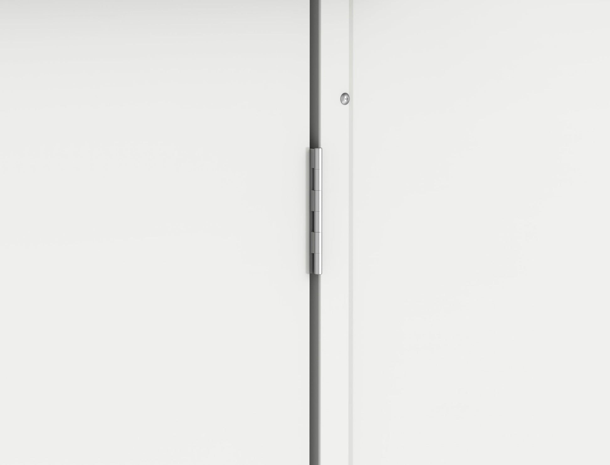 Close-up of a modern door hinge on a sleek white door, highlighting contemporary design and functionality.