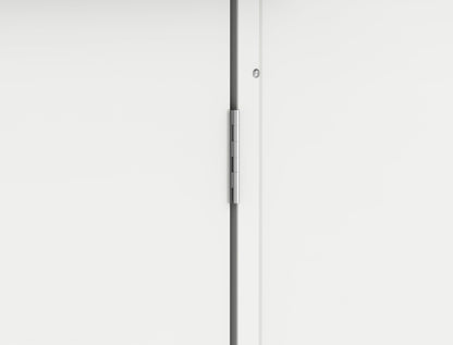 Close-up of a modern door hinge on a sleek white door, highlighting contemporary design and functionality.