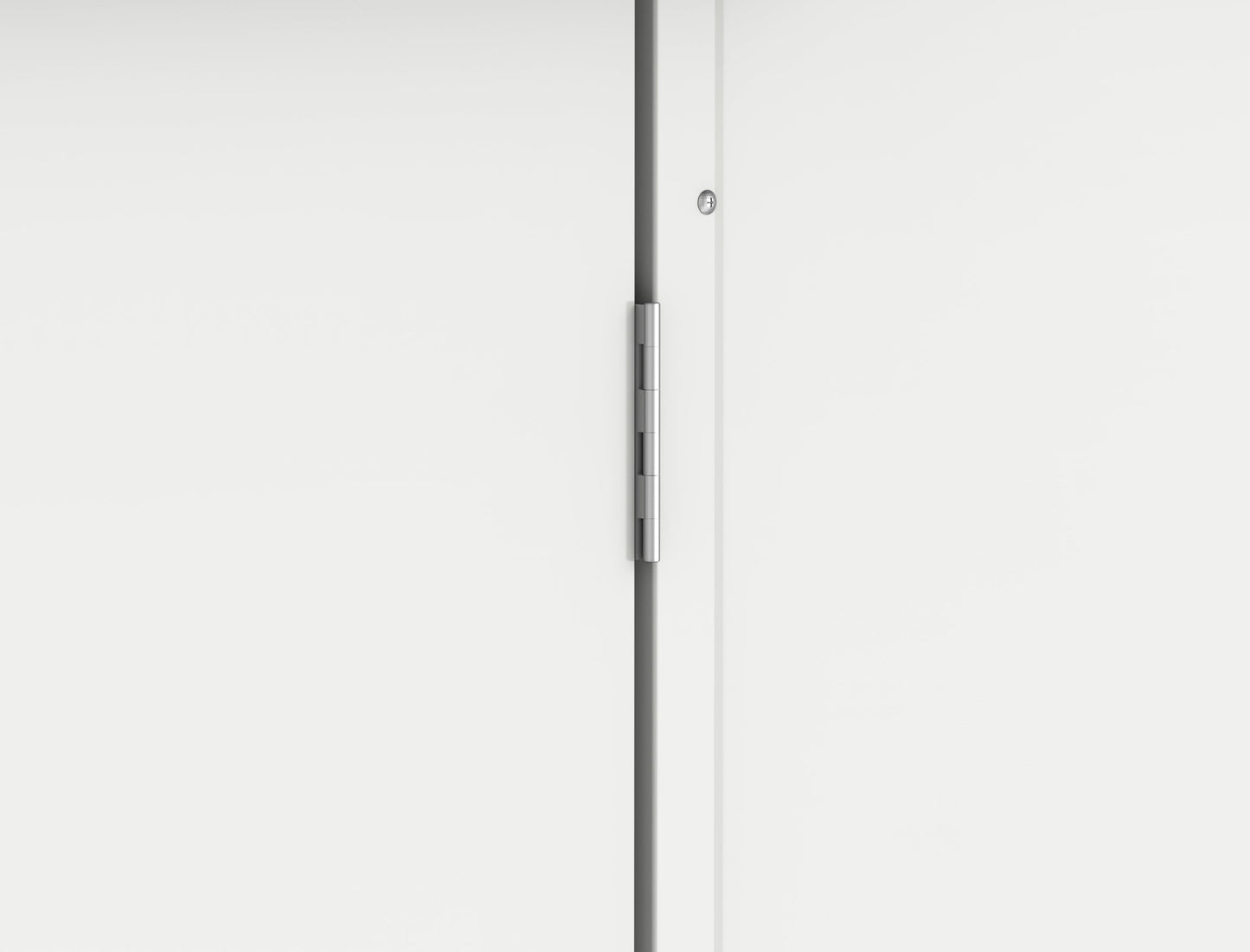 Close-up of a modern door hinge on a sleek white door, highlighting contemporary design and functionality.