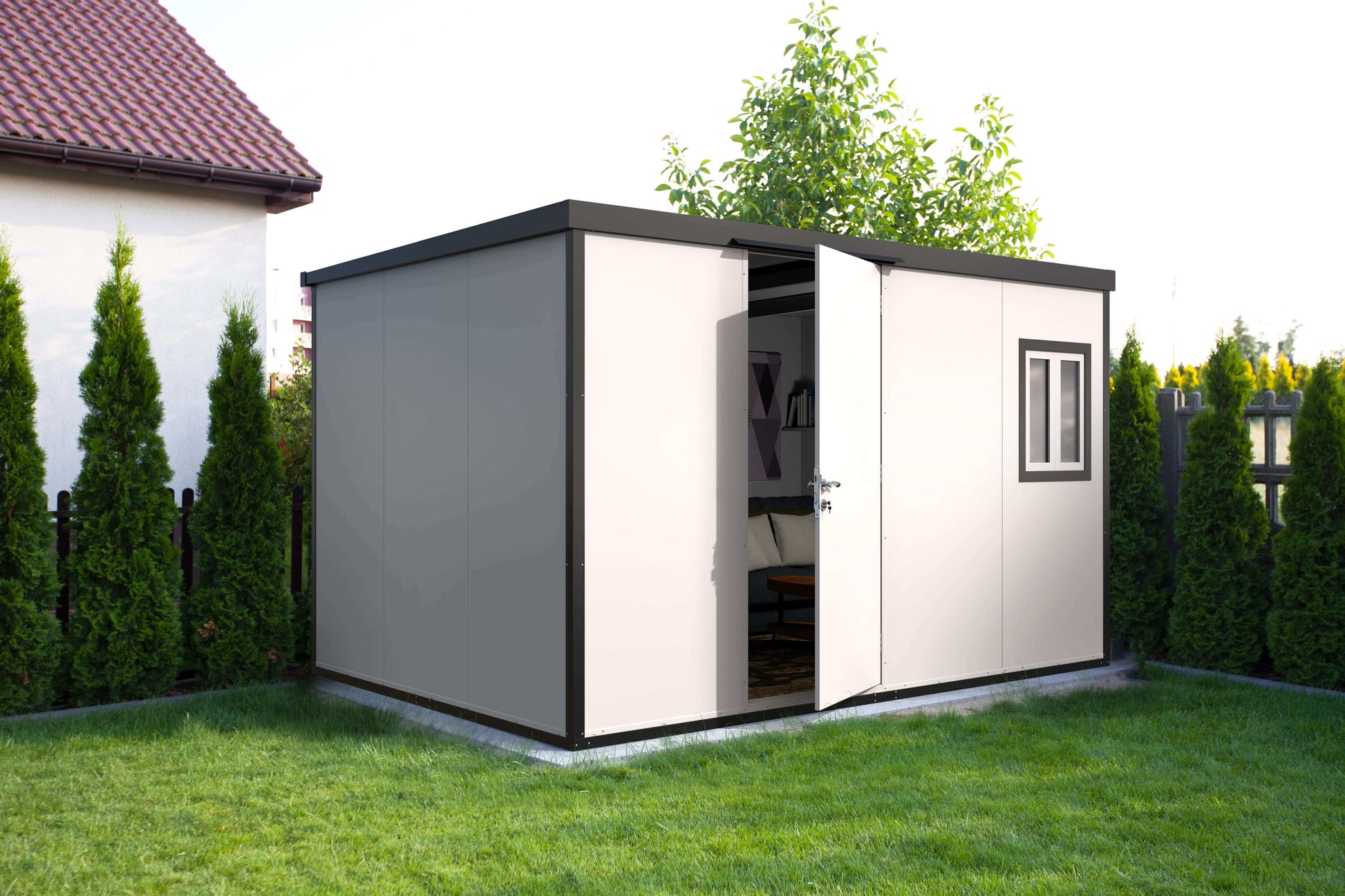 Duramax 13x10 flat roof insulated building in a garden, offering versatile storage solutions.