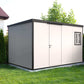 Duramax 13x10 flat roof insulated building in backyard, ideal for storage and workspace solutions.