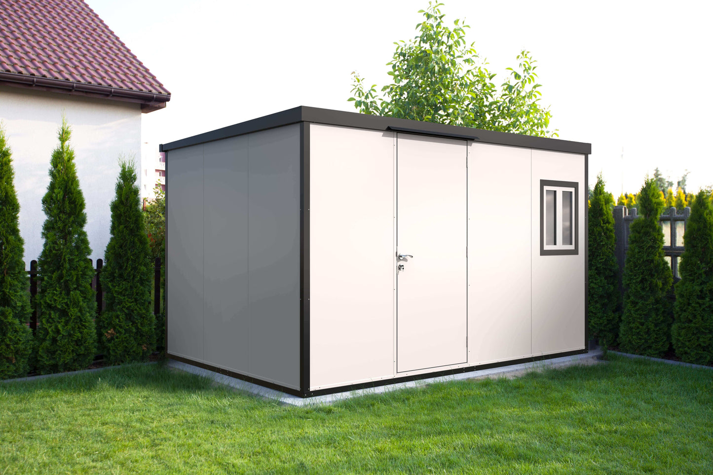 Duramax 13x10 flat roof insulated building in backyard, ideal for storage and workspace solutions.