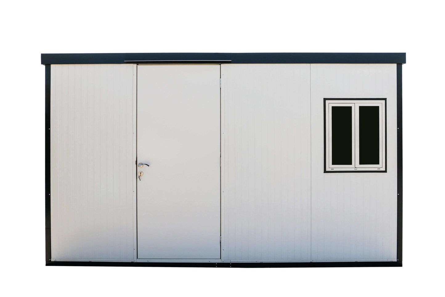 Duramax 13x10 flat roof insulated building with door and window, ideal for outdoor storage and workspace.