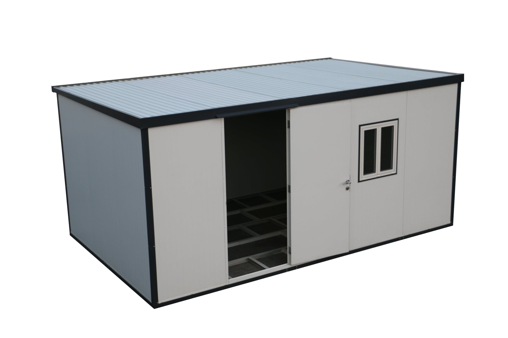 Duramax 13x10 flat roof insulated building with one window and two doors, ideal for outdoor storage and workspace.