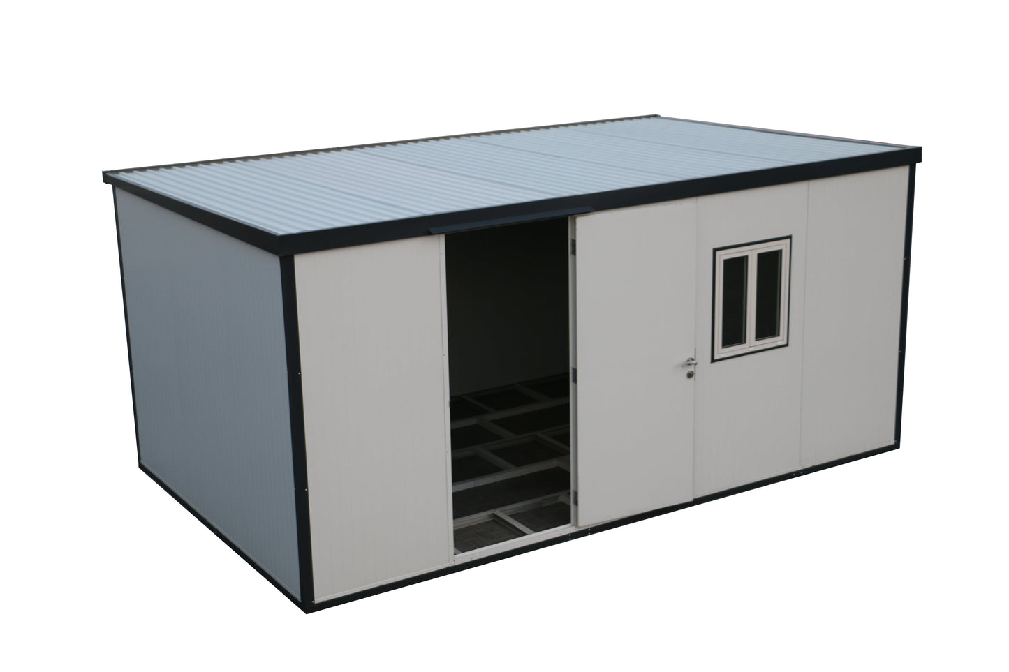 Duramax 13x10 flat roof insulated building with one window and two doors, ideal for outdoor storage and workspace.