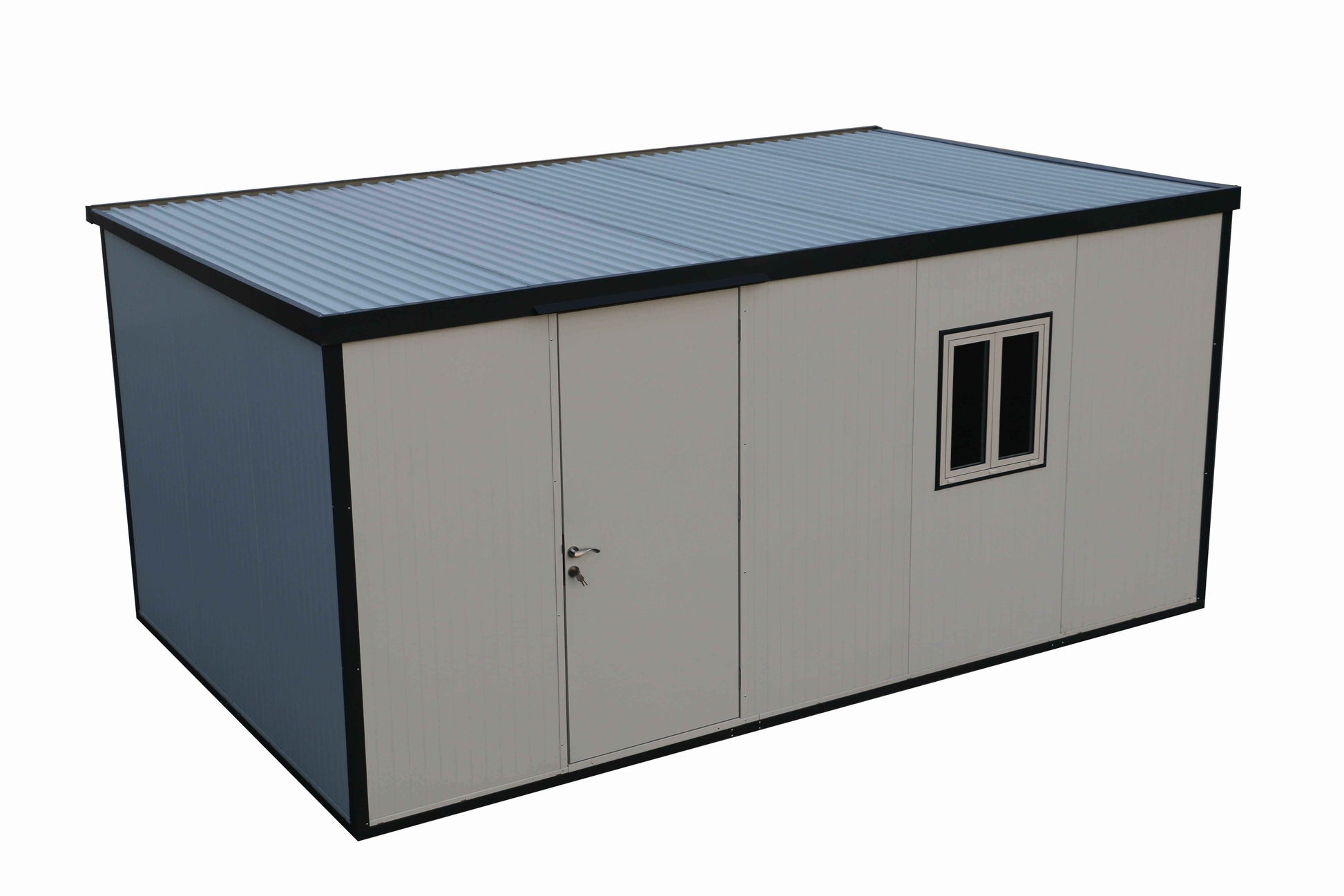 Duramax 13x10 flat roof insulated building with a single door and window for versatile outdoor storage solutions.