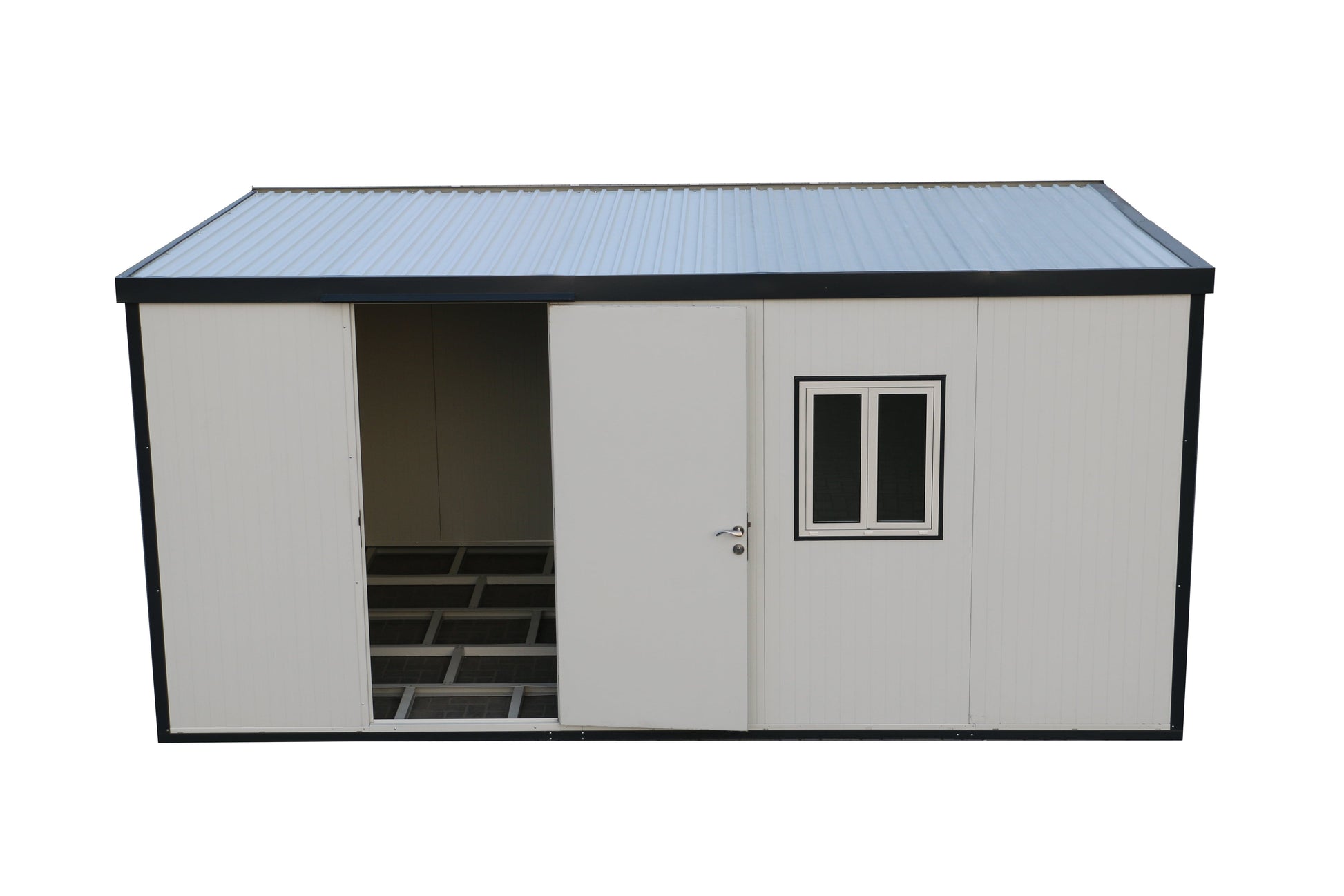 Duramax 13x10 flat roof insulated building with double doors and window, perfect for storage and work areas.