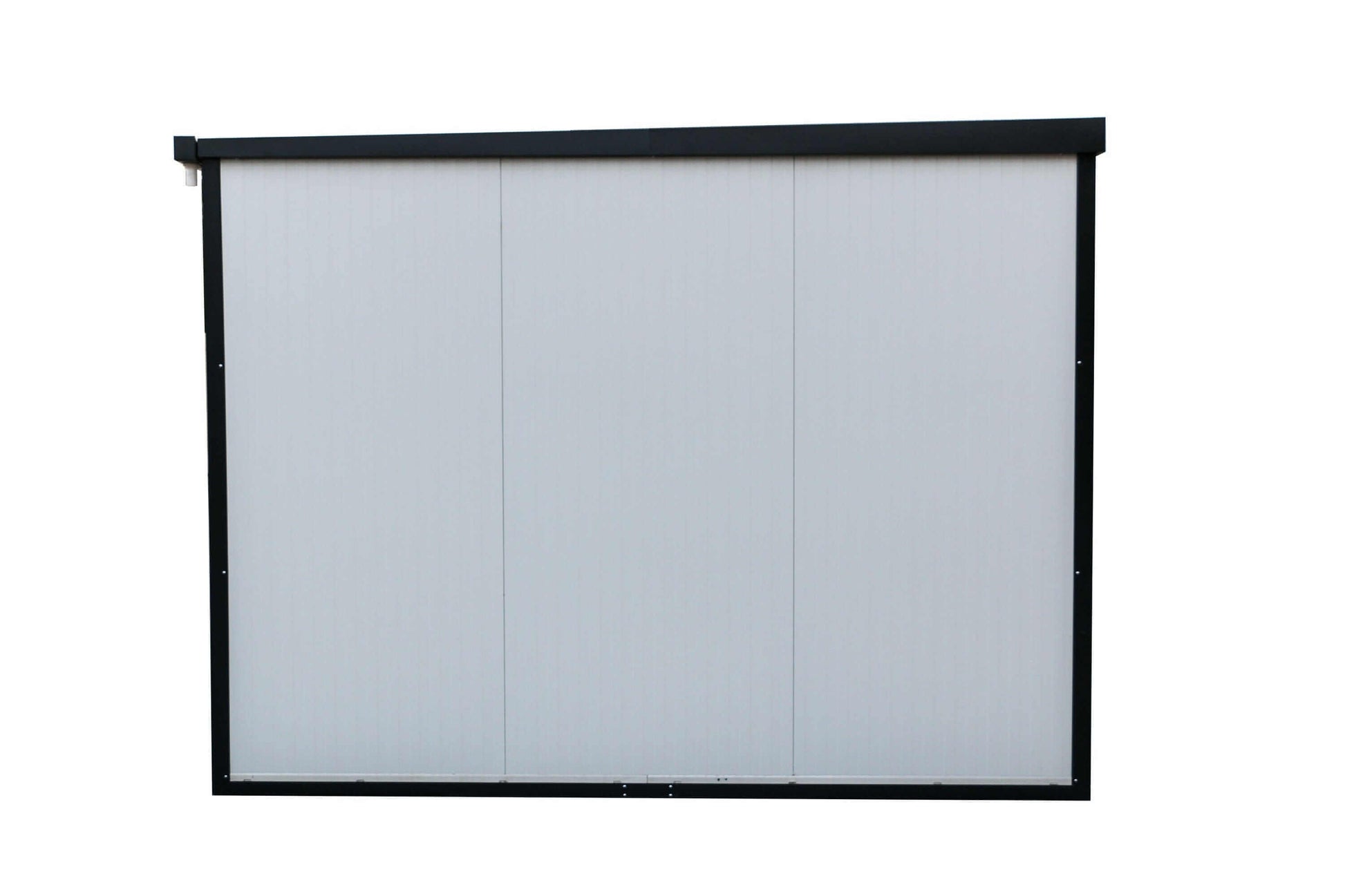 Duramax 13x10 flat roof insulated building panel with a sleek black frame and white corrugated panels.