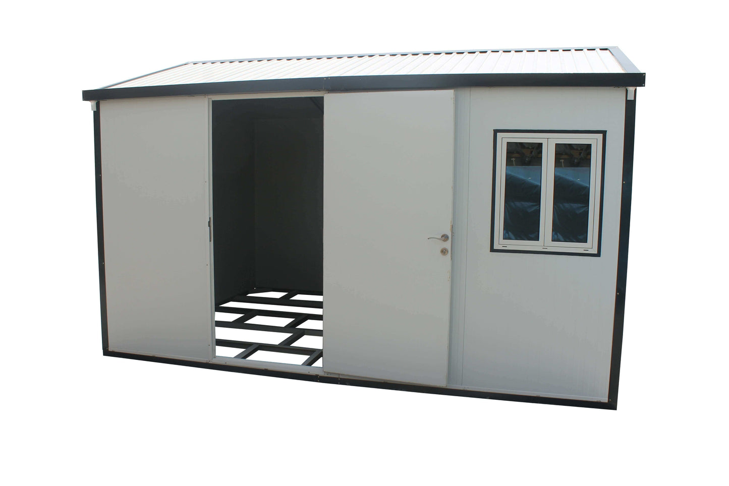 Duramax 13x10 gable roof insulated building with an open door and window, perfect for storage or workspace.