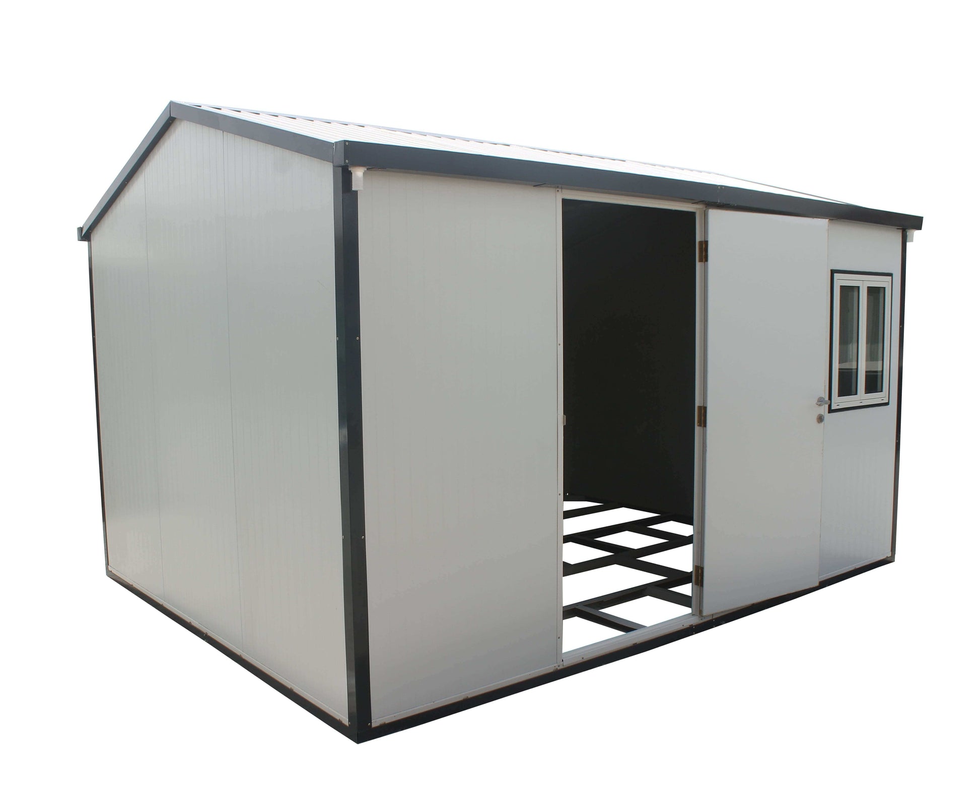 Duramax 13x10 gable roof insulated building with front door and window, ready for outdoor use.