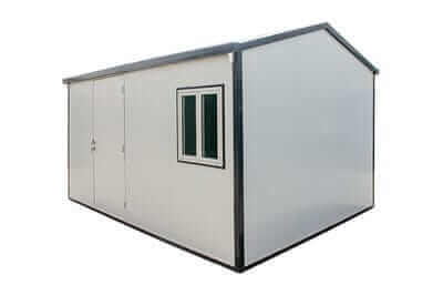 Duramax 13x10 gable roof insulated building in white with a window and double doors.