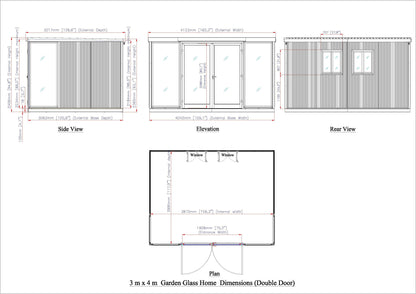 Dimensions and floor plan for Duramax 13x10 Glass Garden Room 32003 with side, rear, and elevation views.