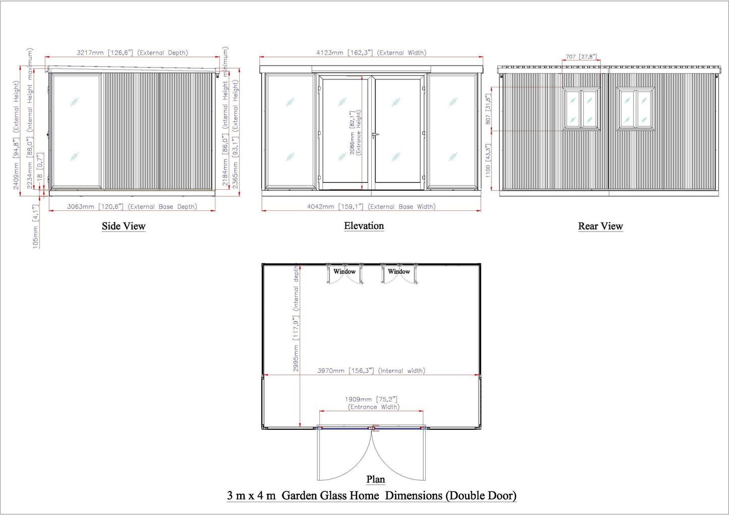 Dimensions and floor plan for Duramax 13x10 Glass Garden Room 32003 with side, rear, and elevation views.