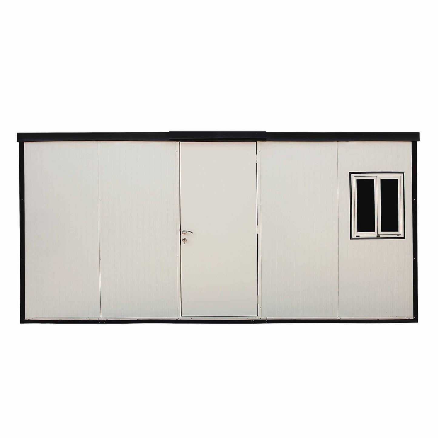 Duramax 16x10 flat roof insulated building with a door and window, ideal for backyard or business use.