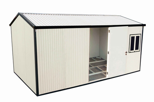 Duramax 16x10 gable roof insulated building with open door and window, suitable for various storage needs.