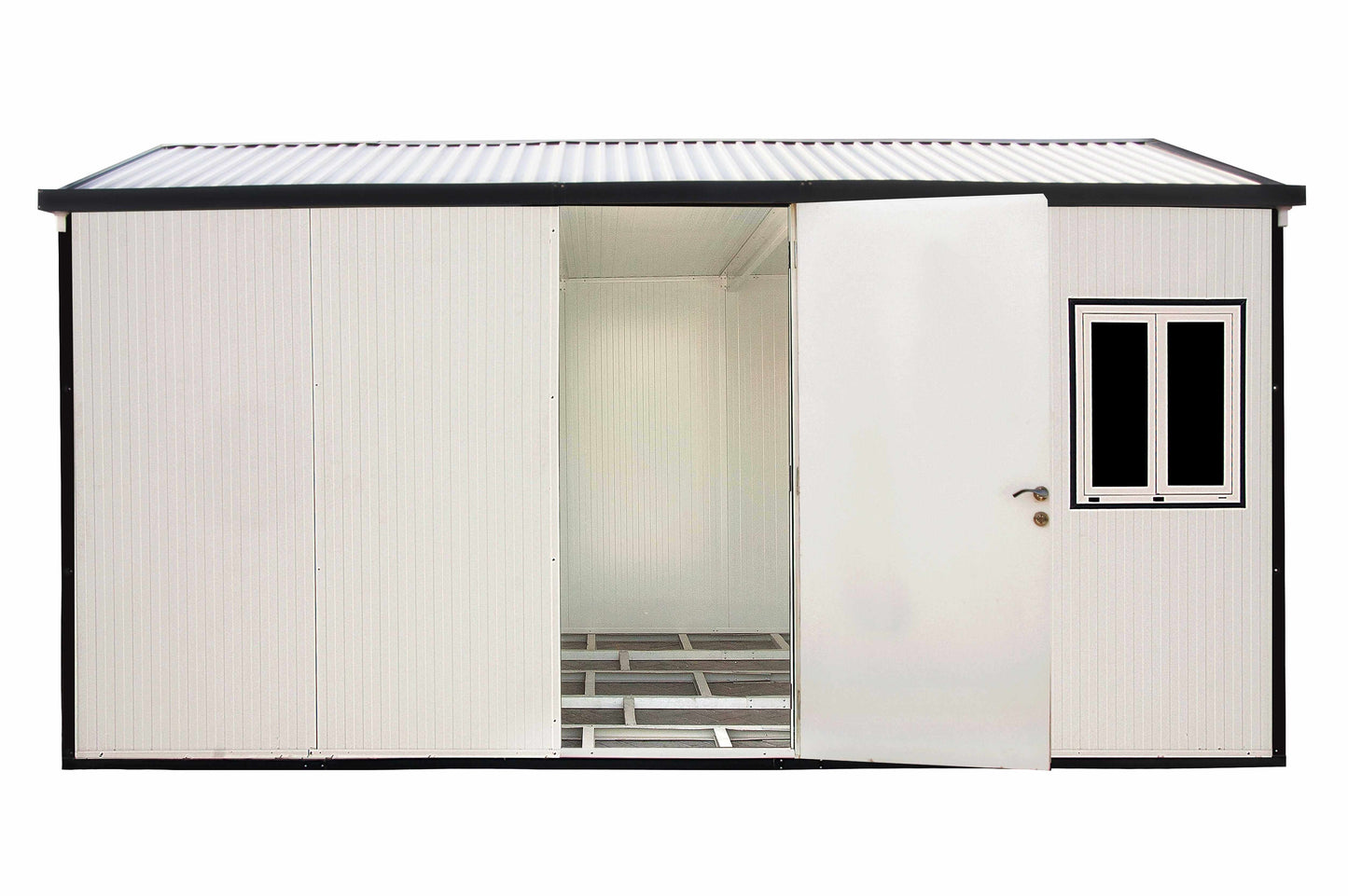 Duramax 16x10 gable roof insulated building with an open door and window, showcasing its spacious interior.