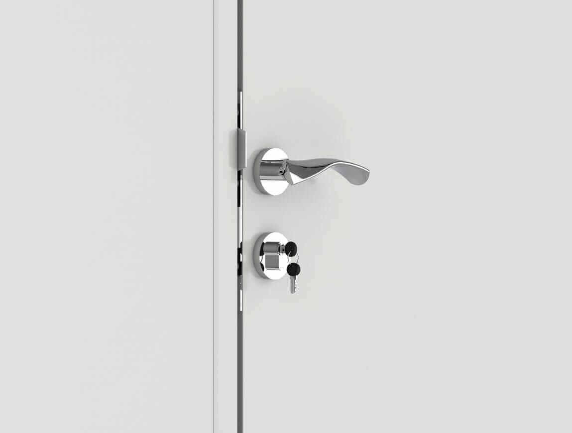 Close-up of a modern chrome door handle and lock on a white door.