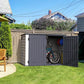 Duramax 2100L MultiStore outdoor storage shed in a backyard with bike and patio furniture.