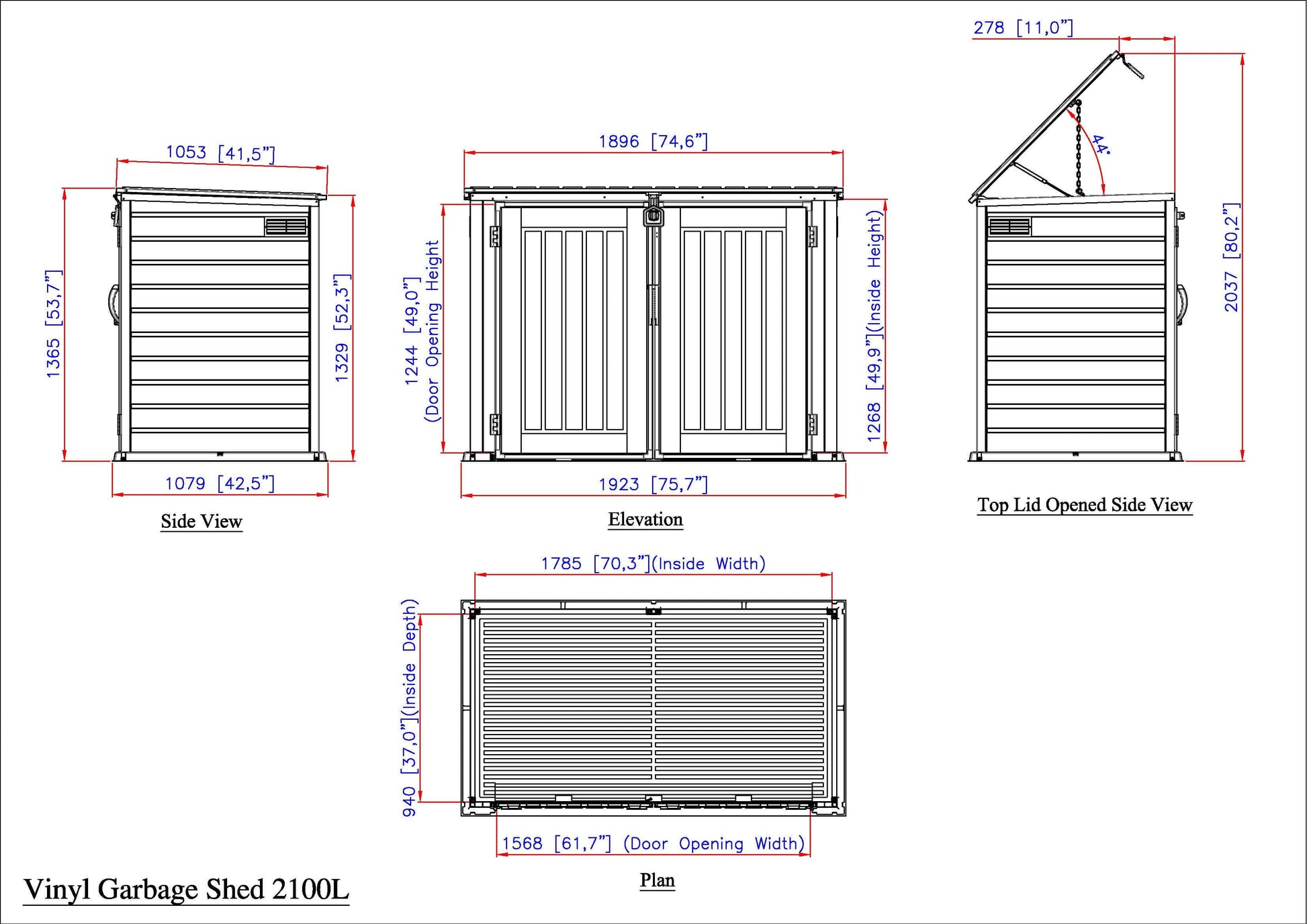 Blueprint of the Duramax 2100L Vinyl Garbage Shed with dimensions and side views for outdoor storage solutions.