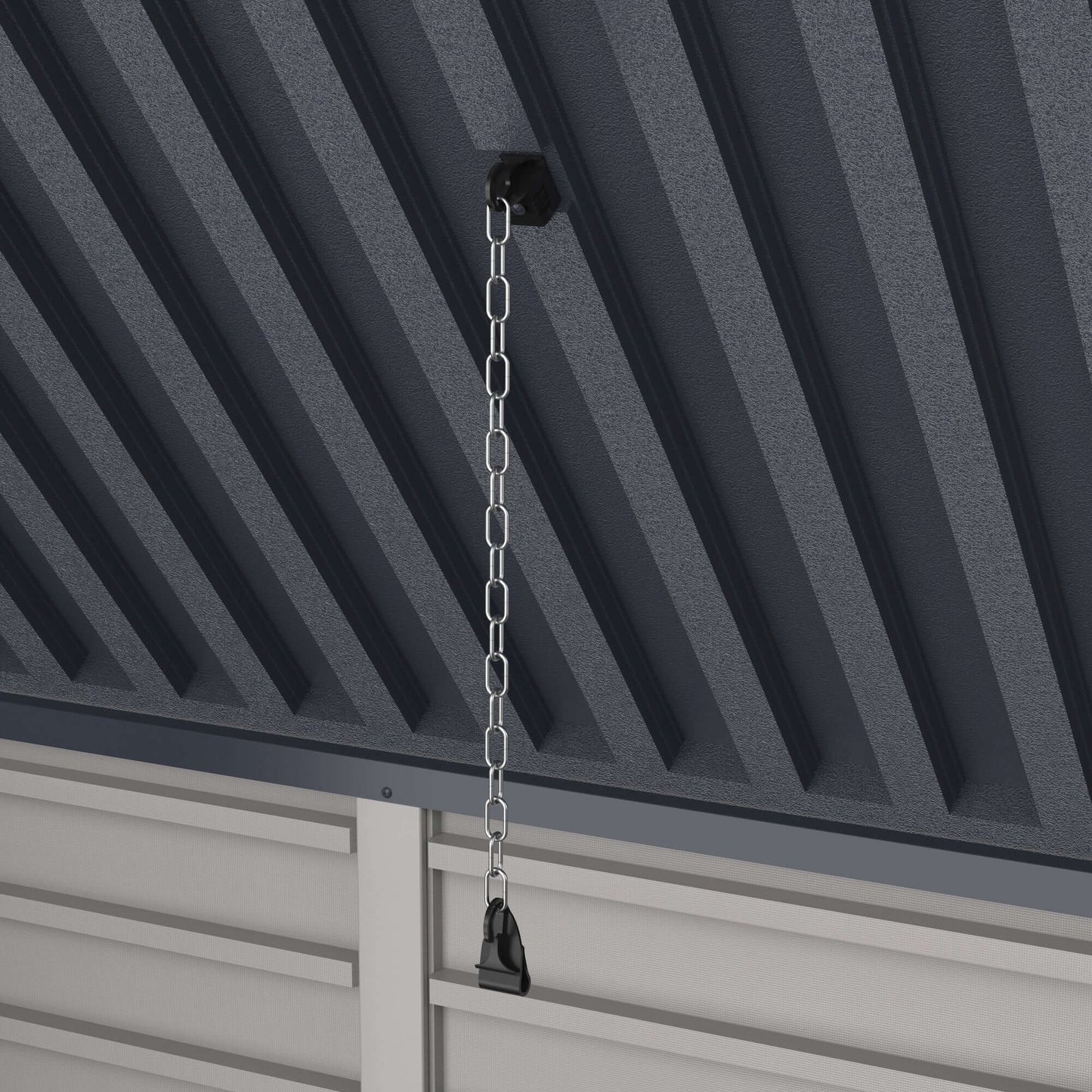 Duramax 2100L MultiStore outdoor shed interior chain and hook for storage organization