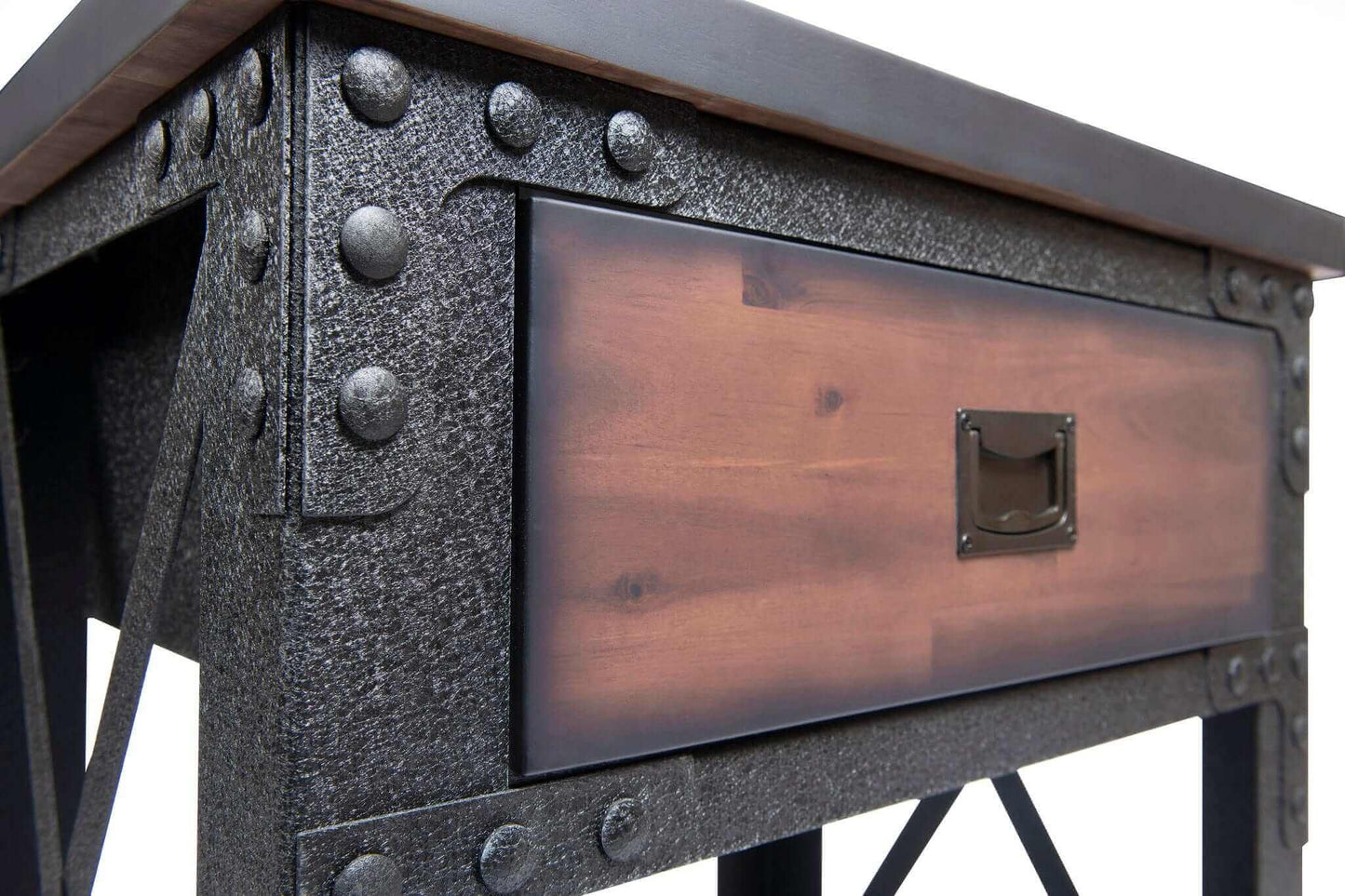 Close-up of Duramax 1-drawer rolling industrial workbench showing textured metal and wooden drawer.