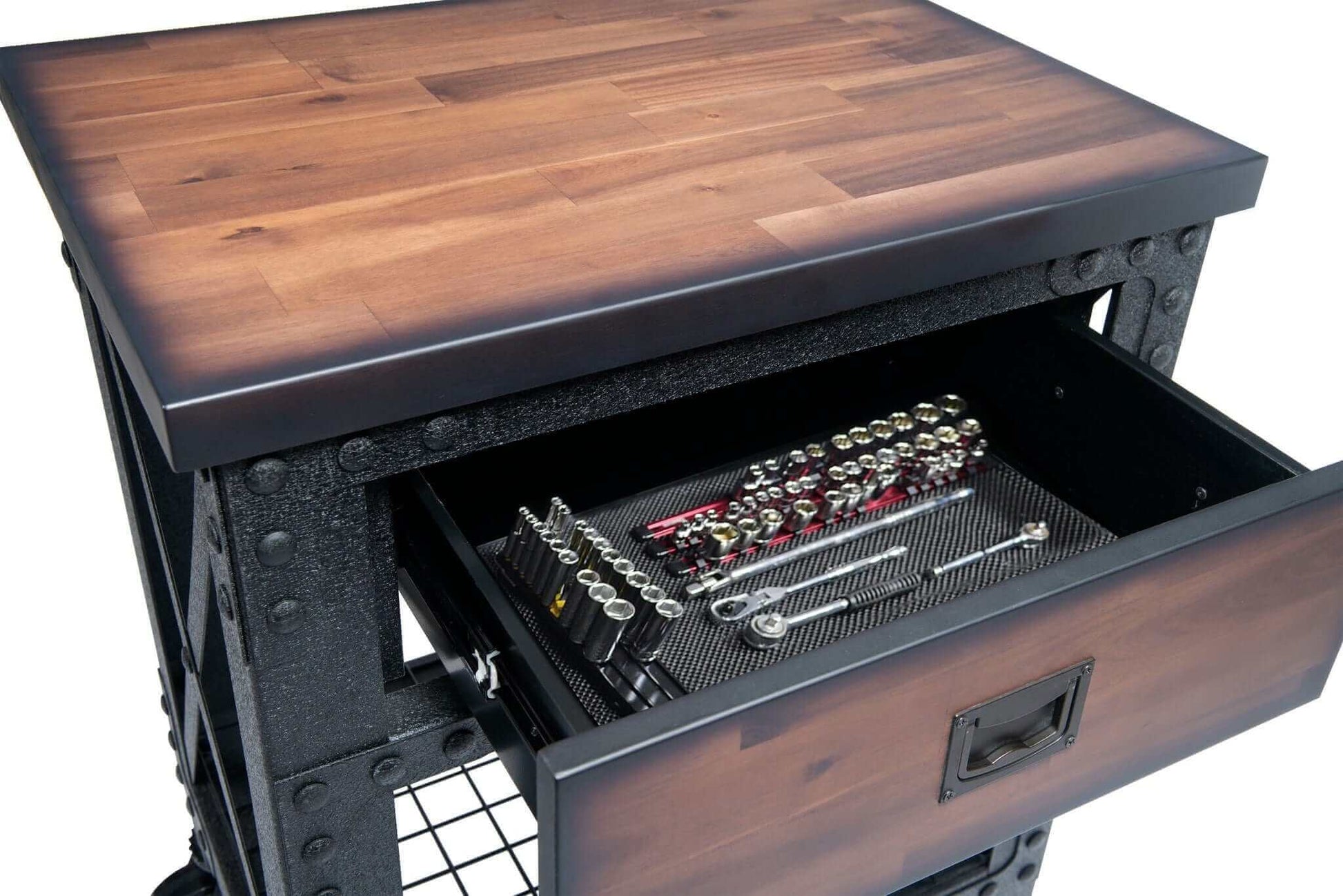 Duramax 1-drawer industrial workbench showing tools inside drawer and sturdy wooden top.