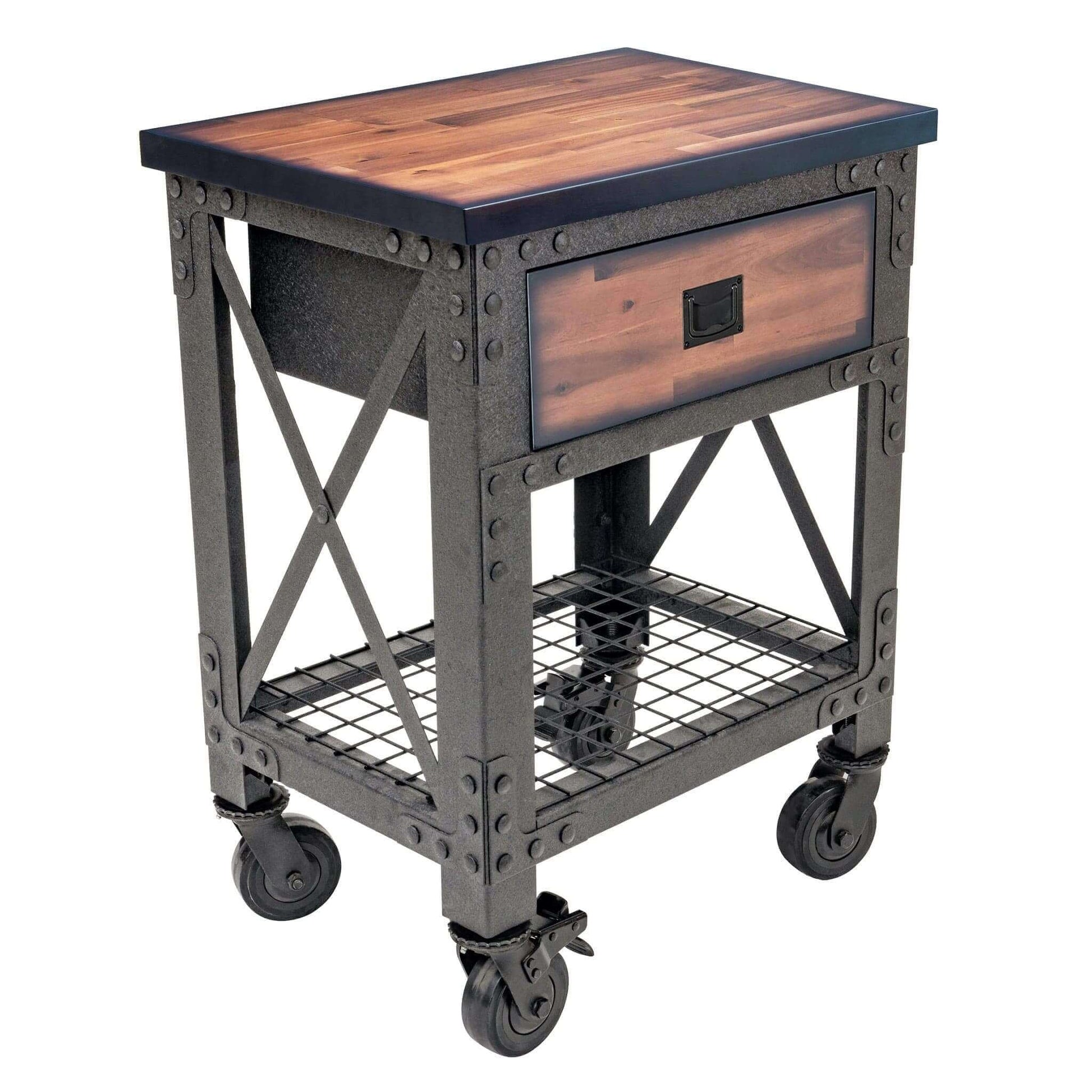 Duramax 27.6 x 20 in 1-Drawer Rolling Industrial Workbench with wooden top and metal frame.