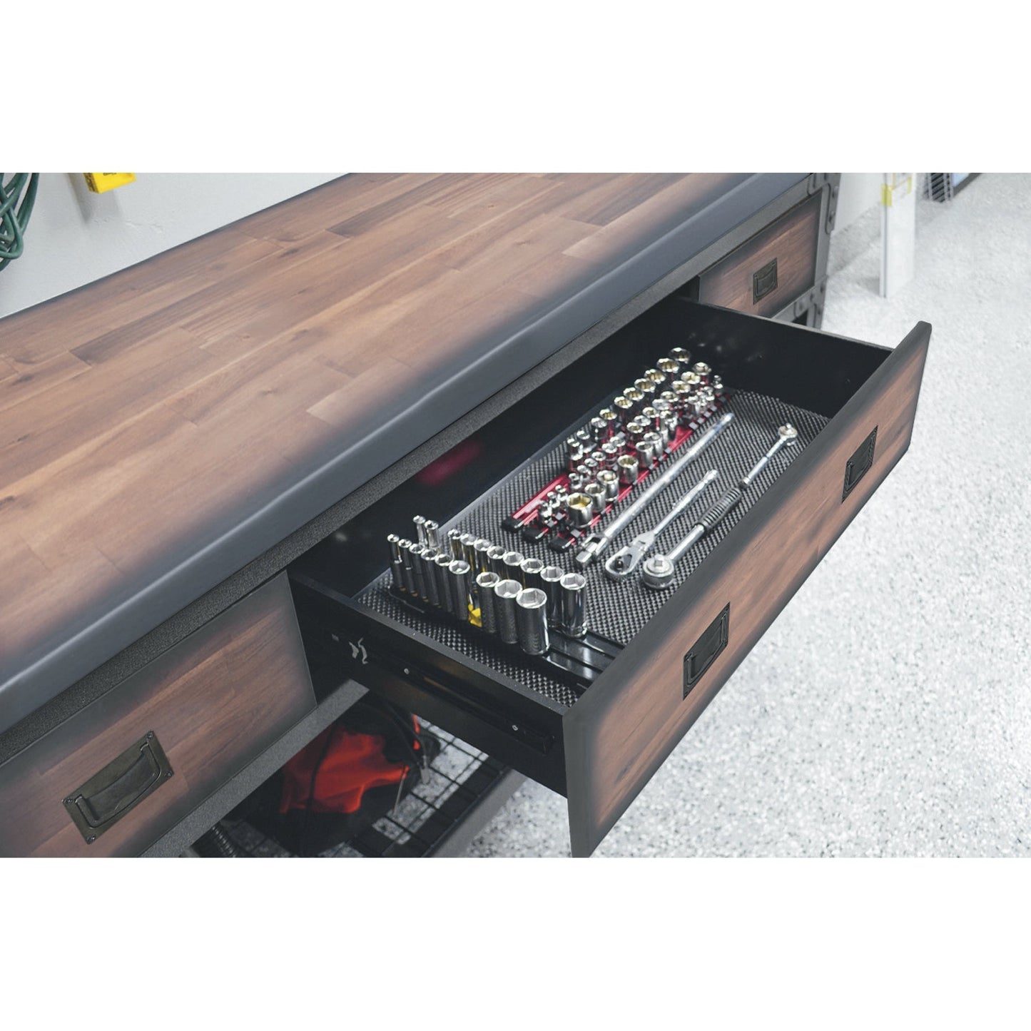 Duramax 3-Piece Garage Storage Combo Set w/ Workbench and Cabinets 3PWB2WC tools and storage drawer