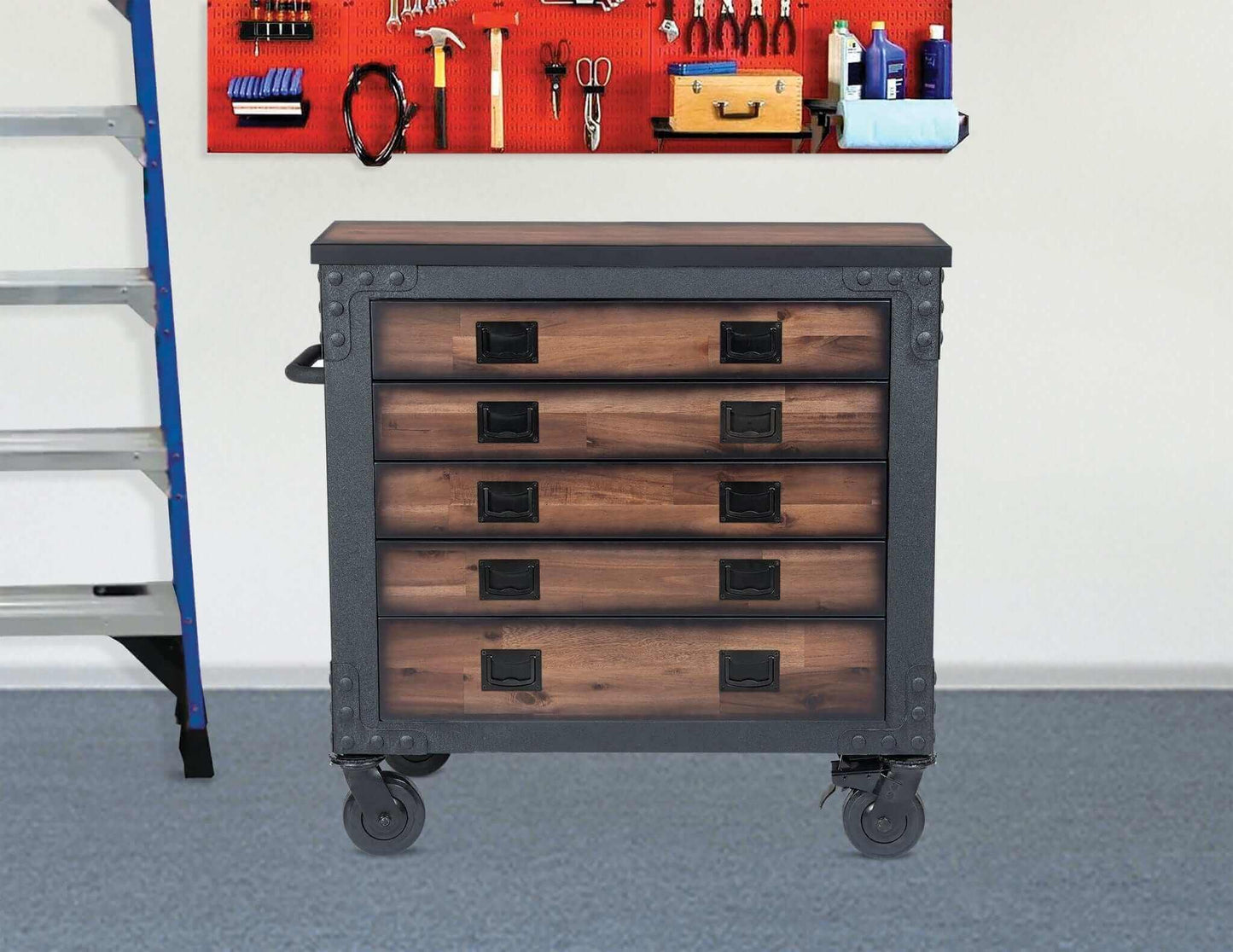 Duramax 36" 5 Drawer Rolling Tool Chest with Wood Top on wheels, showcasing industrial design and practical storage.