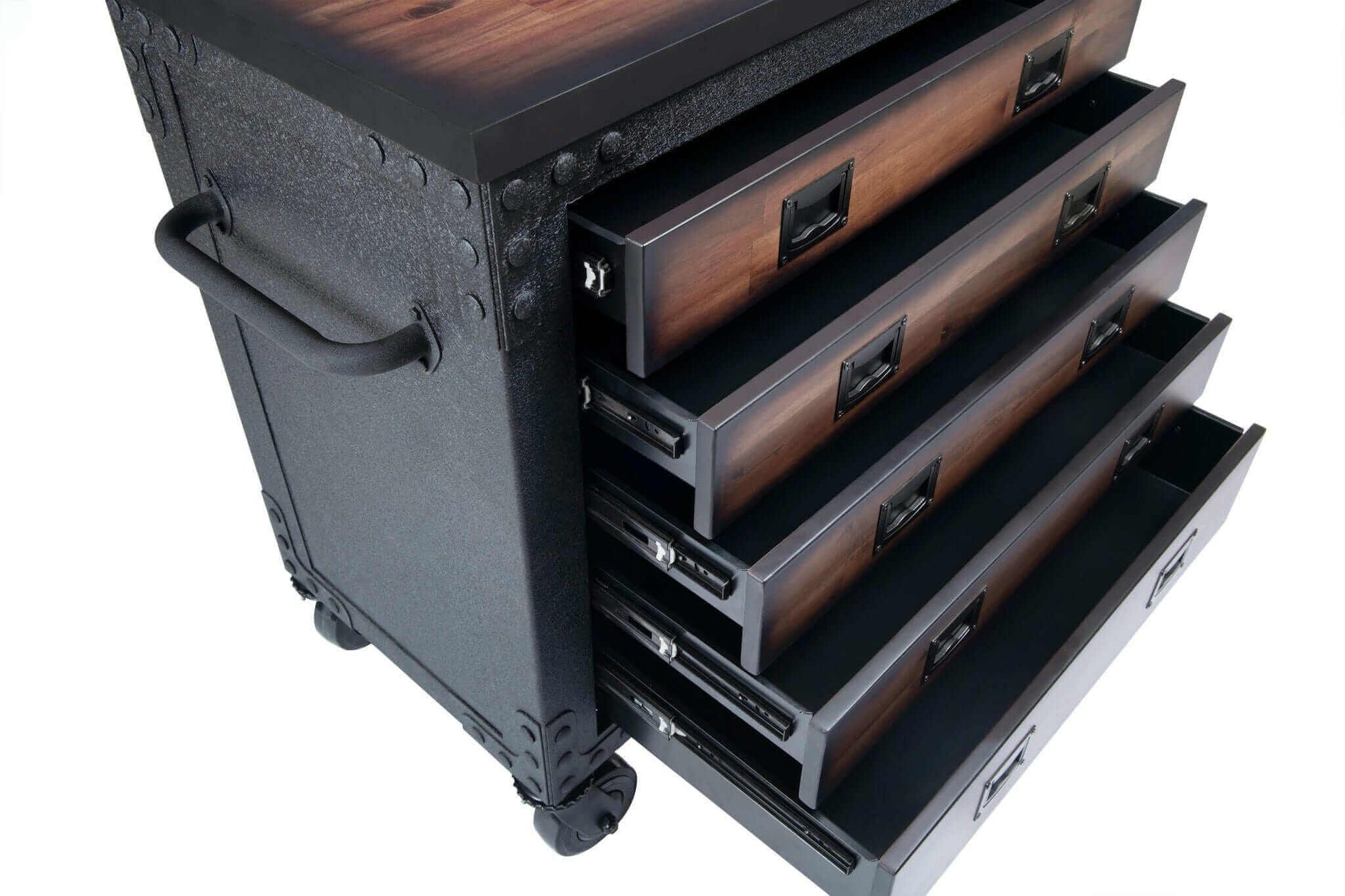 Duramax 36" 5 Drawer Rolling Tool Chest with Wood Top, showcasing open drawers and sturdy construction.