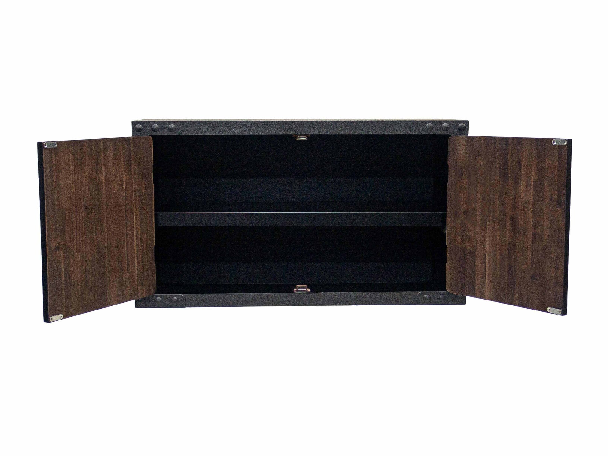 Open Duramax 36 In Industrial Wall Cabinet 68030 showcasing two shelves and a dark wooden interior.