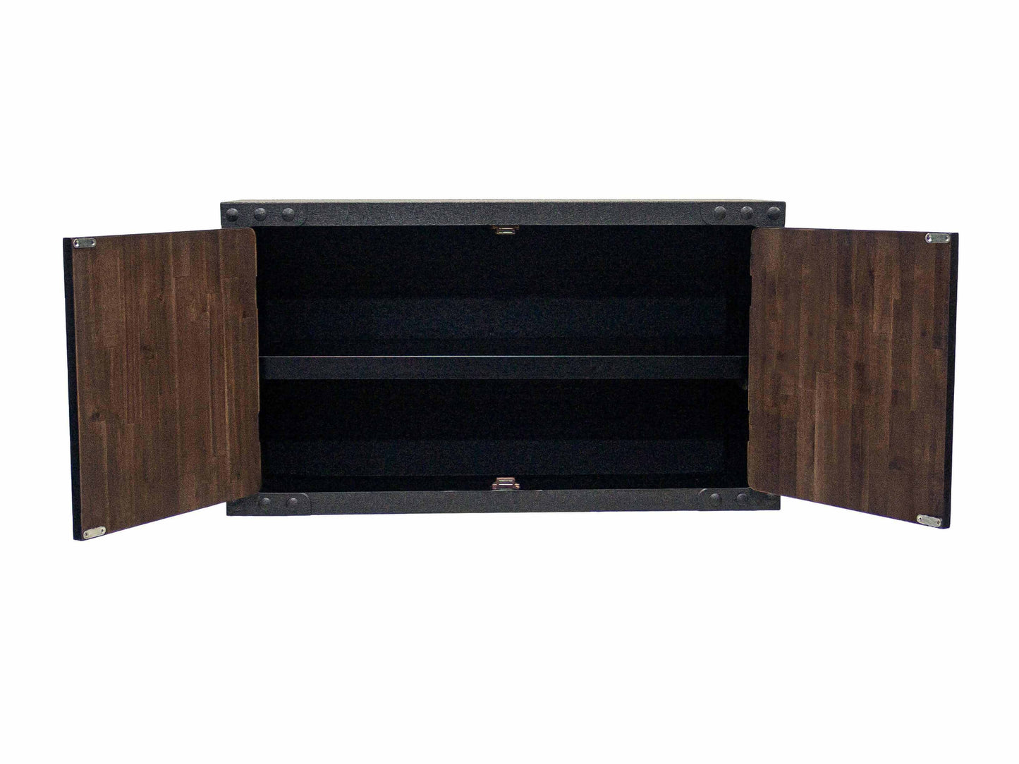 Open Duramax 36 In Industrial Wall Cabinet 68030 showcasing two shelves and a dark wooden interior.