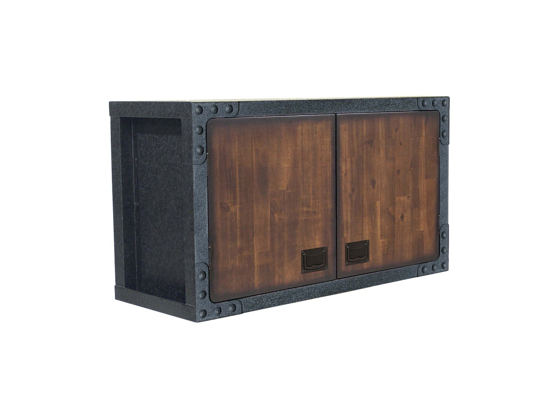 Duramax 36 In Industrial Wall Cabinet 68030 with dark wood finish and sturdy metal frame, designed for enhanced workspace storage.