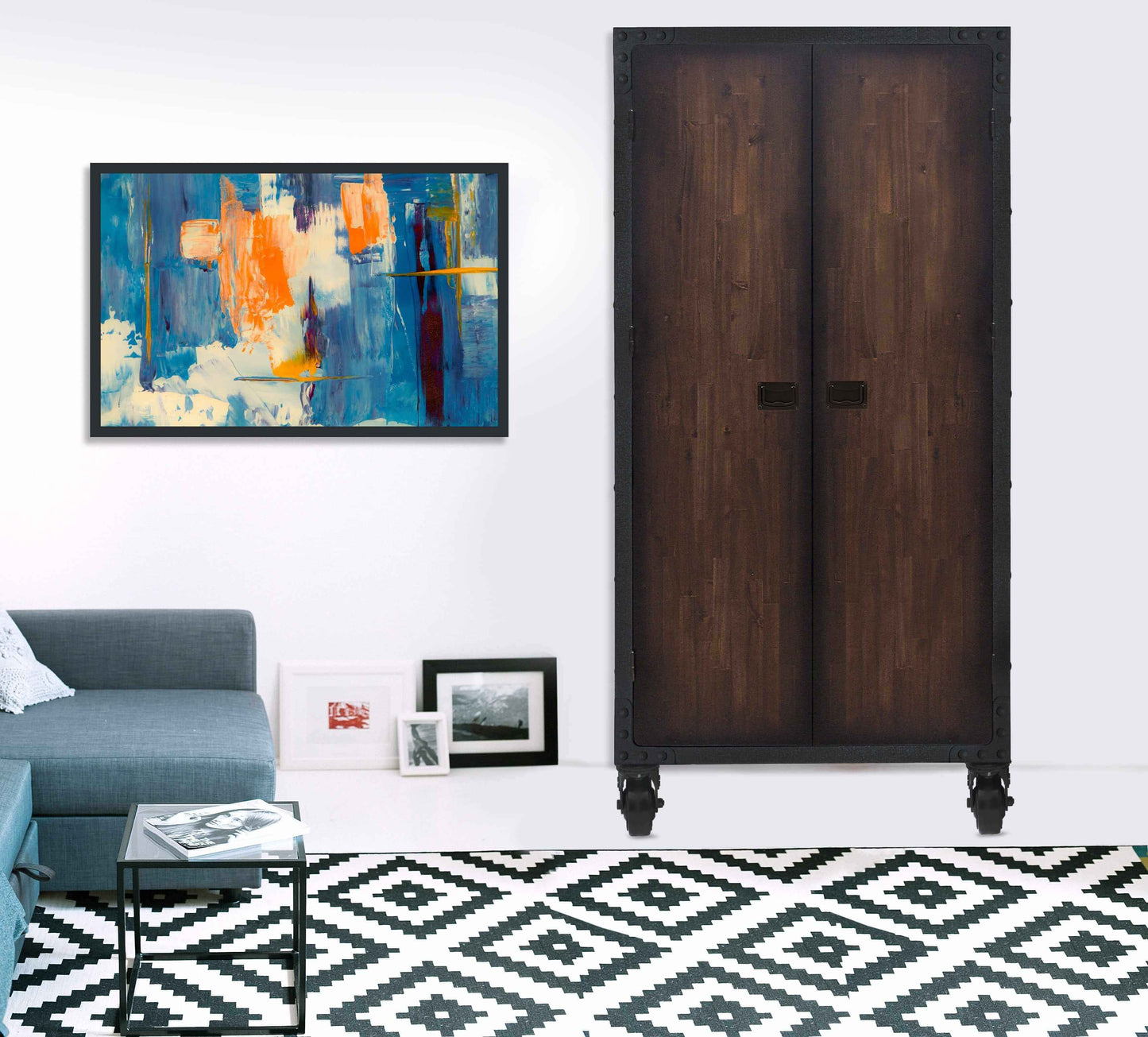 Duramax 36x72 industrial cabinet in stylish living room with artwork and patterned rug.