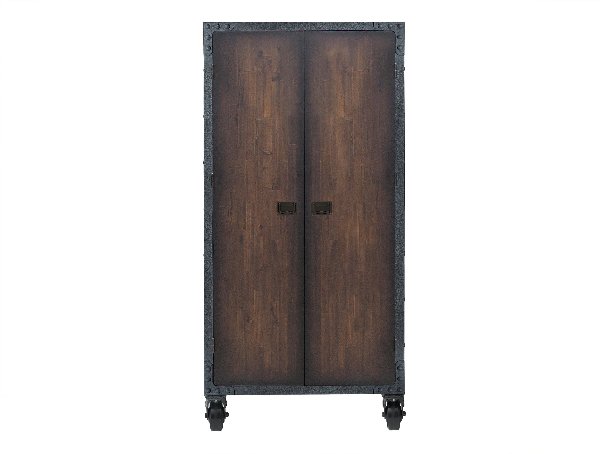 Duramax 36 In x 72 In Industrial Cabinet with wheels, featuring a rustic wood finish and metal frame, ideal for storage solutions.