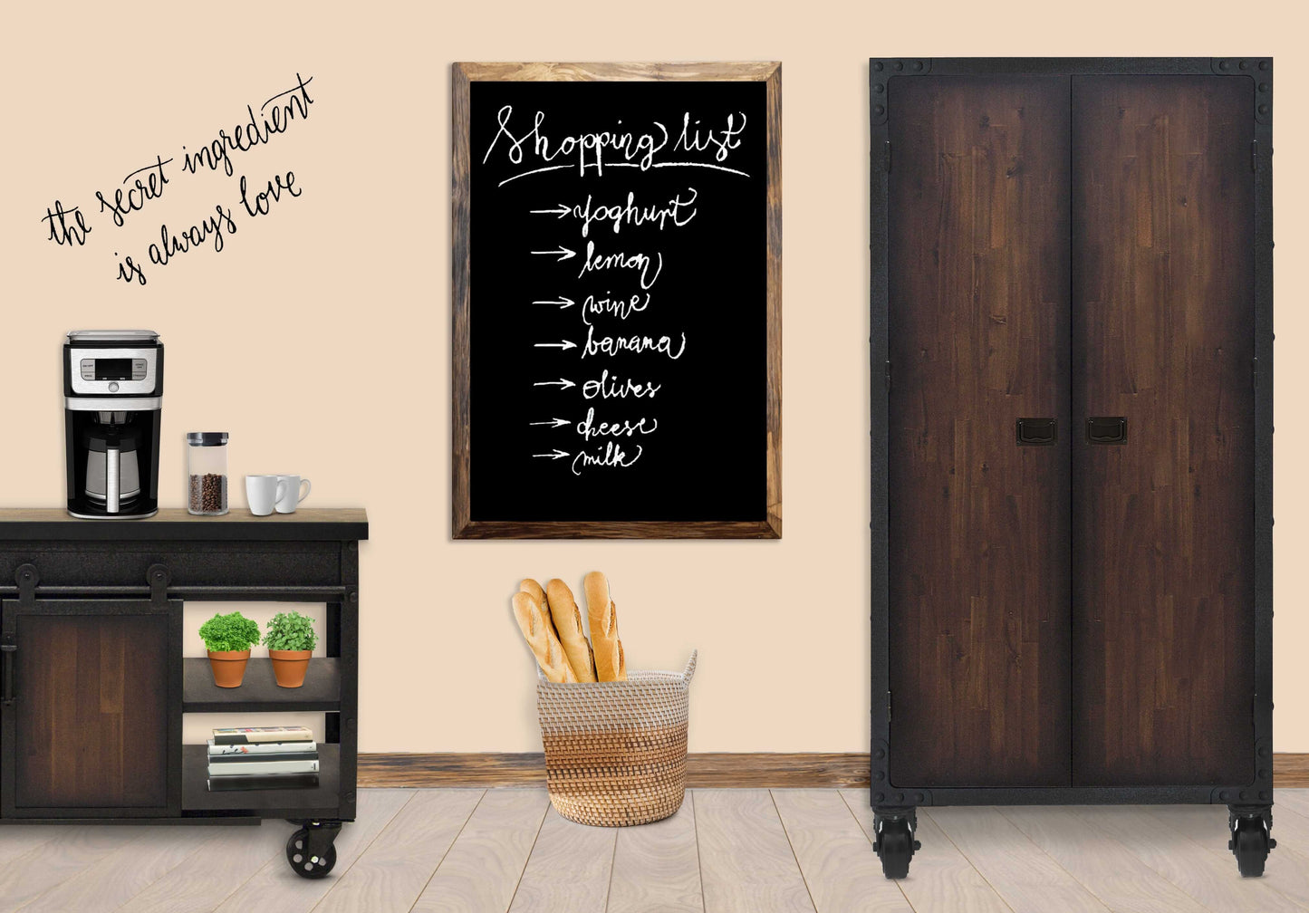 Duramax industrial cabinet with wheels in a kitchen setting, featuring a shopping list chalkboard and coffee maker.