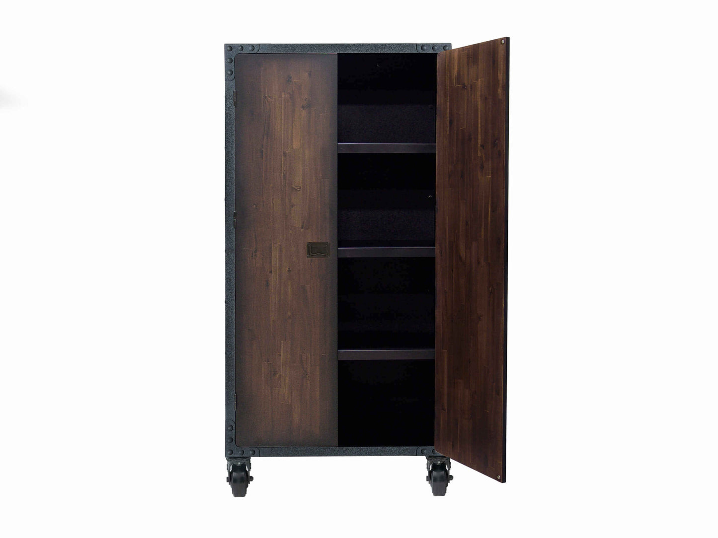 Duramax 36 x 72 inch industrial cabinet with wheels, featuring open doors and spacious shelves.