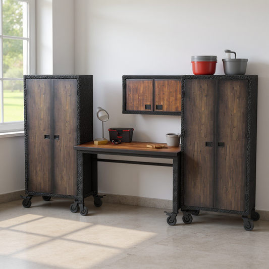 Duramax 4-Piece Garage Storage Combo Set w/ Worktable, Wall Cabinets and Free Standing Cabinet 4PWTWCFC in a modern garage. 