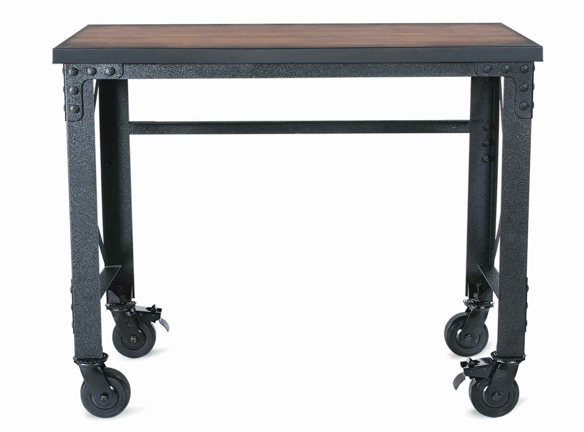 Duramax 46x24 inch rolling industrial worktable with caster wheels and dark wood top, perfect for workspace. Model 68023.