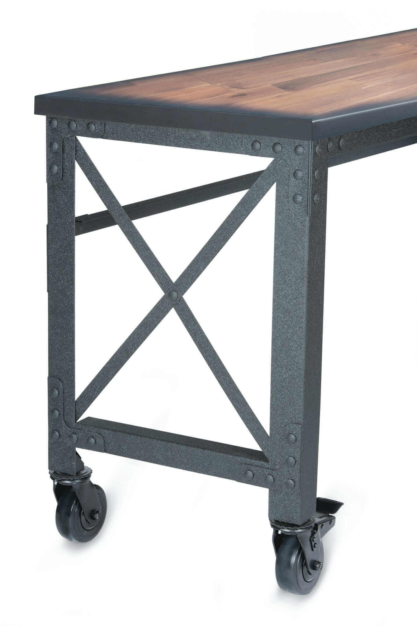 Duramax 46 In x 24 In Rolling Industrial Worktable with dark wood top and sturdy metal frame on caster wheels.