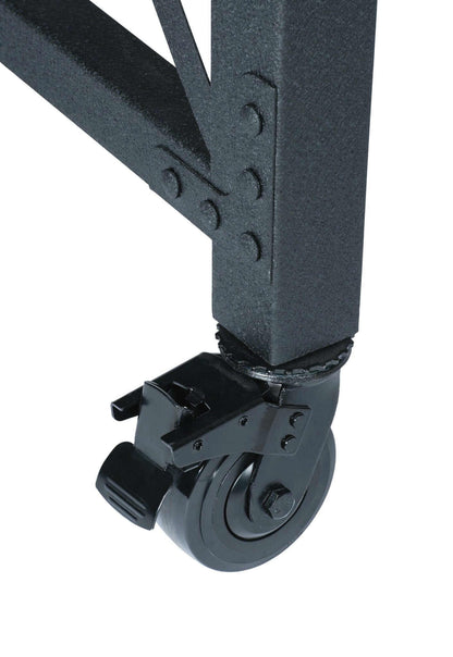 Close-up of durable caster wheel on Duramax rolling industrial worktable, showcasing mobility and robust construction.