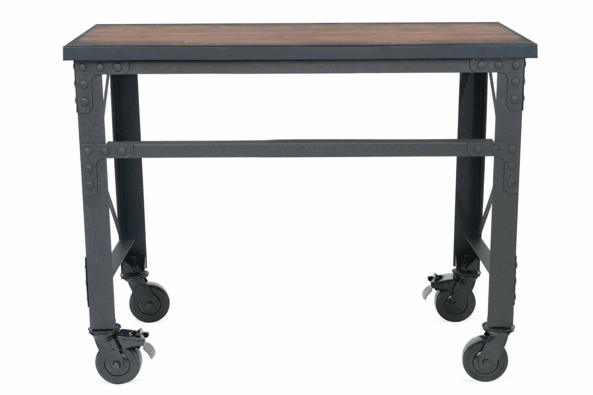 Duramax 46 In x 24 In rolling industrial worktable with dark wooden top and caster wheels for mobility.