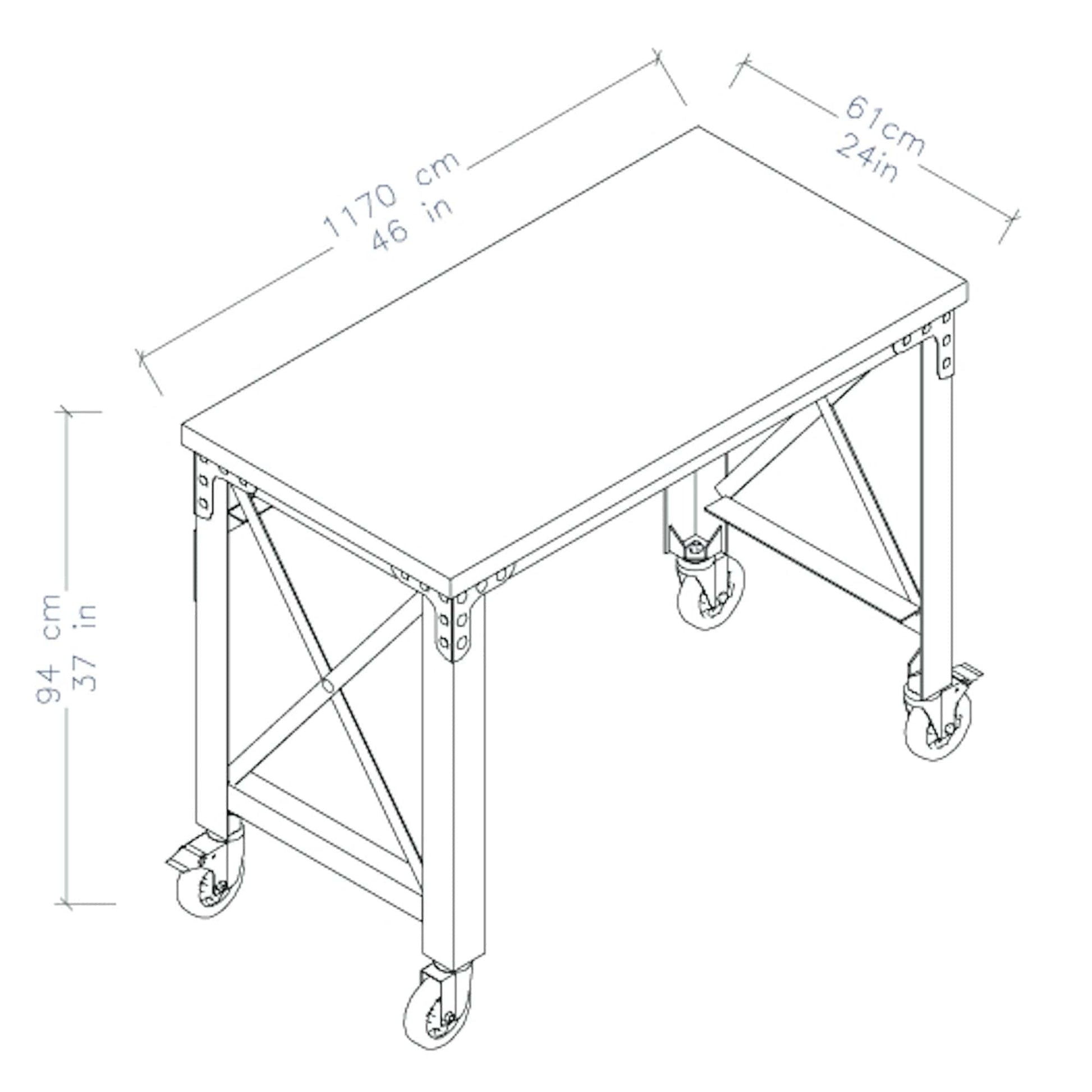 Duramax 46 In x 24 In rolling industrial worktable with caster wheels and dimensions outlined.