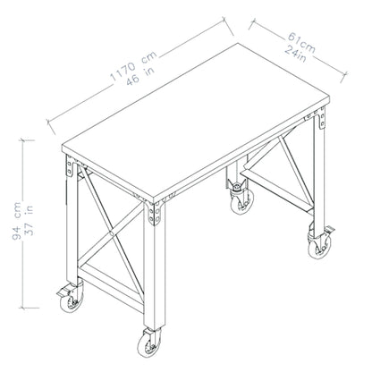Duramax 46 In x 24 In rolling industrial worktable with caster wheels and dimensions outlined.