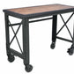 Duramax 46 In x 24 In Rolling Industrial Worktable with wooden top and caster wheels for easy mobility.