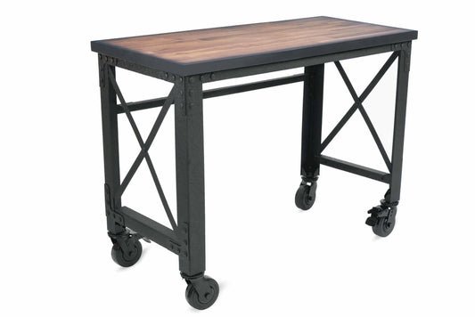 Duramax 46 In x 24 In Rolling Industrial Worktable with wooden top and caster wheels for easy mobility.