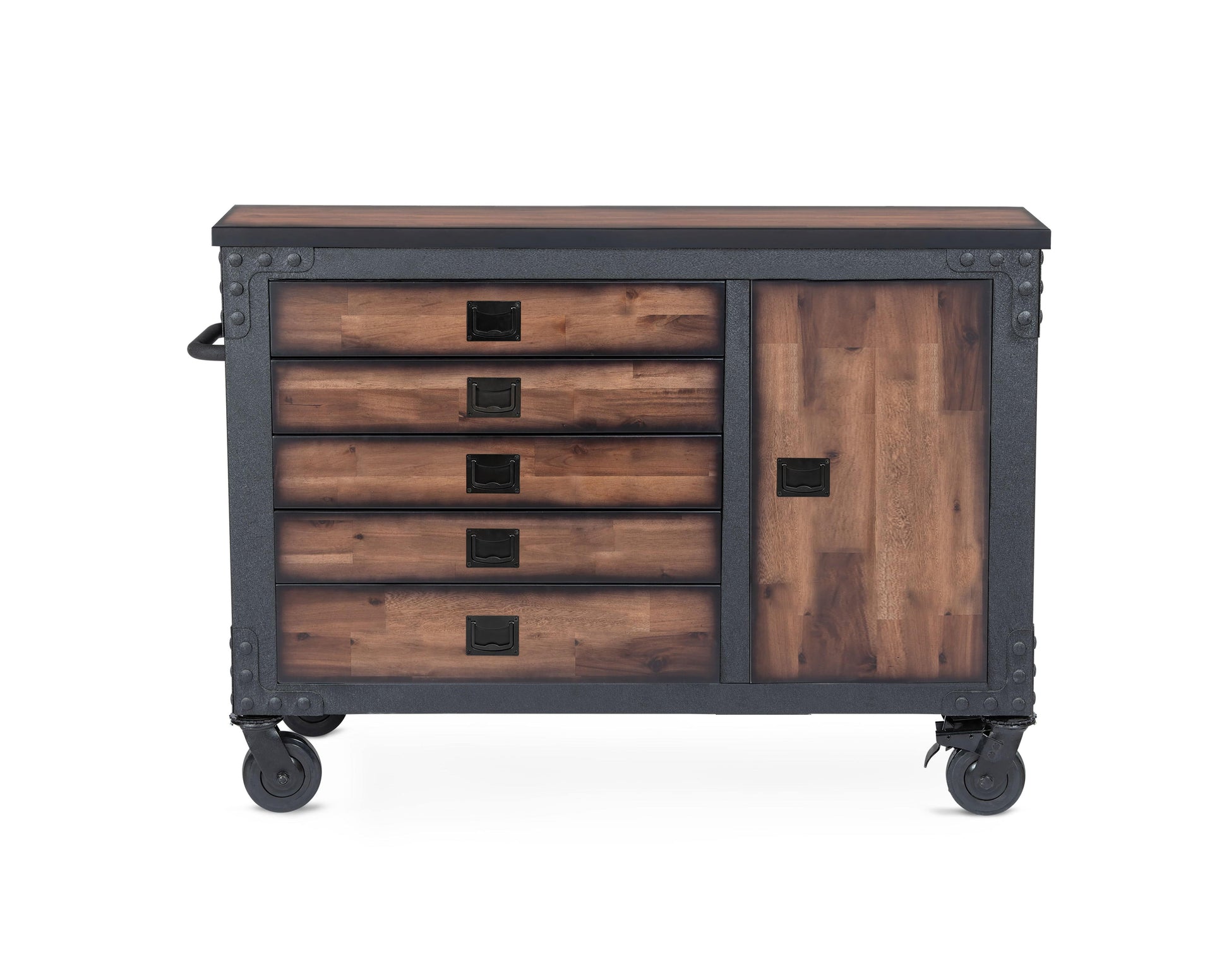 Duramax 48 inch 5 drawer rolling tool chest with wood top and metal frame, ideal for garage and workshop storage.