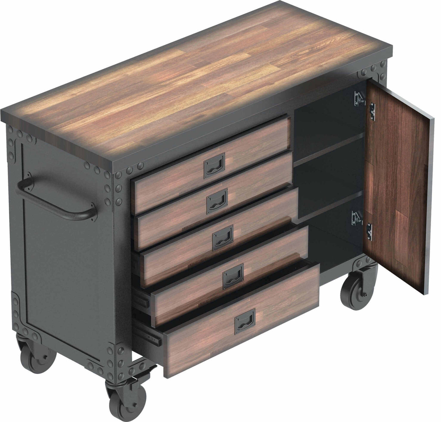 Duramax 48-inch 5 drawer rolling tool chest with wood top, ideal storage solution for garage or kitchen.