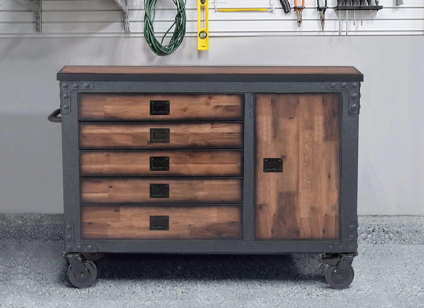 Duramax 48-inch 5 drawer rolling tool chest with wood top in a garage setting.